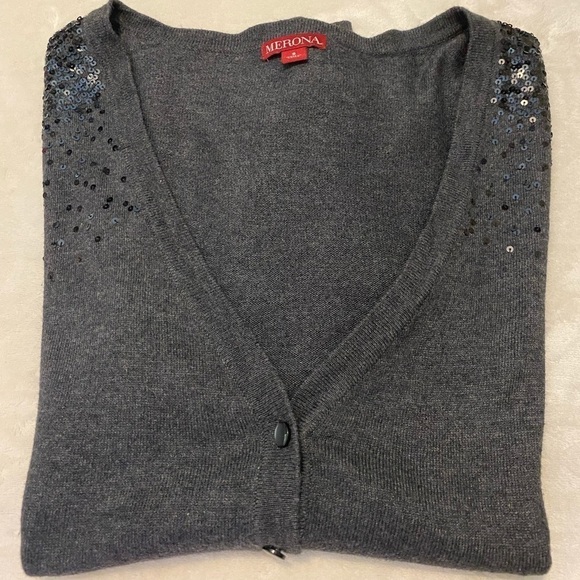Merona smoke gray button down sweater with sequin detailing women’s size S - Picture 3 of 4